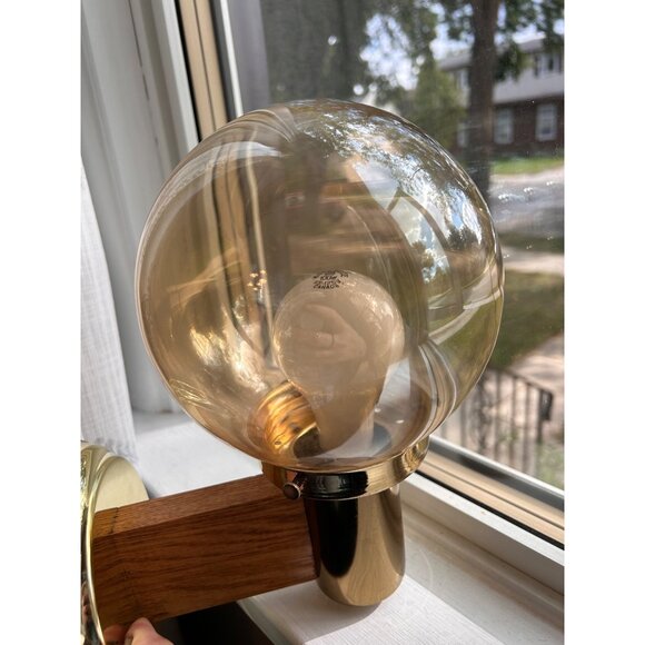 Vtg Smoked Glass Globe Shade, Brass Tones , Wood Wall Light Fixture sconce - Picture 3 of 7
